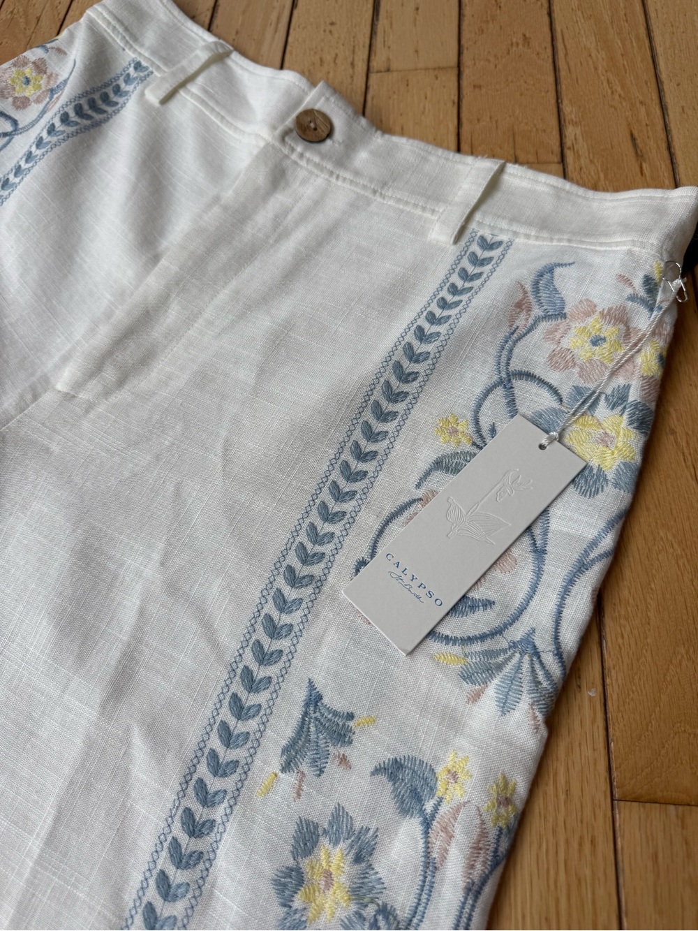 Calypso St. Barth White Wide-Leg Pants with Blue and Yellow Floral Embroidery - Picture 2 of 3
